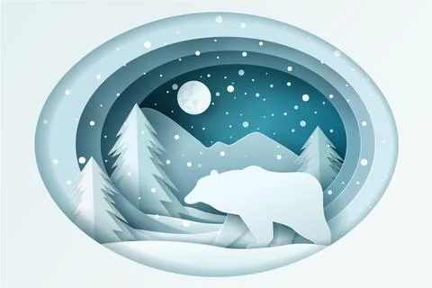 Bear with Snowing in forest and The full moon in the  sky. Happy New Year and Stock Illustration
