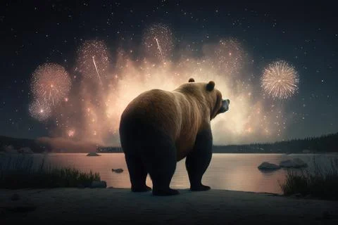 A bear standing on a beach with fireworks in the sky above it and a lake hi.. Stock Illustration