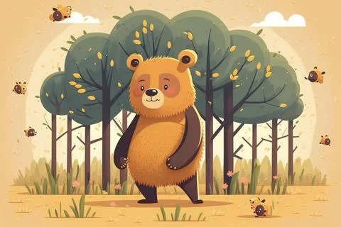 A bear standing in the middle of a forest with bees flying around it and tr.. Ilustração Stock