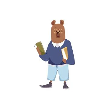 Bear student anthropomorphic character, flat vector illustration isolated. Stock Illustration