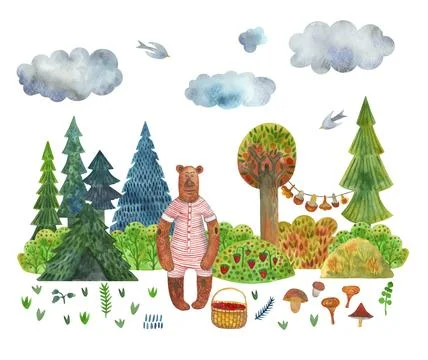 A bear in a summer forest with a basket of berries against the backdrop Stock Illustration