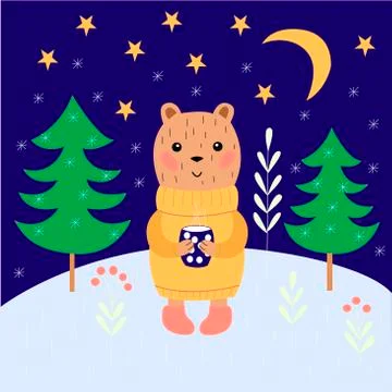 Bear with tea on a background of the night sky Stock Illustration
