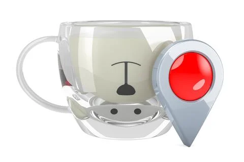 Bear tea cup full of milk with map pointer, 3D rendering Illustrazione stock