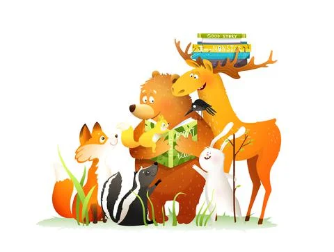 Bear Teaching or Reading Book to Animals Stock Illustration