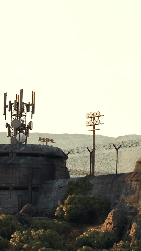 Bear on top of a tall structure near a network tower during sunset Stock Footage 340265422