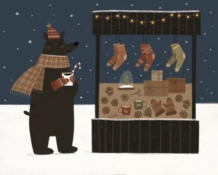 Bear trader sells winter warm socks mugs at the fair light bulbs cute beautiful Stock Illustration