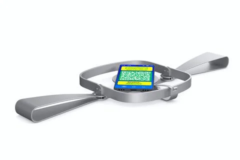 Bear trap  and digital passport of vaccination in phone on white background.  Illustrazione stock