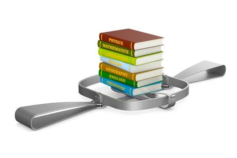 Bear trap and stack of hardcover text books on white background. Isolated 3D  Stock Illustration
