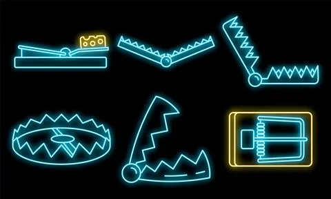 Bear trap icons set vector neon Stock Illustration