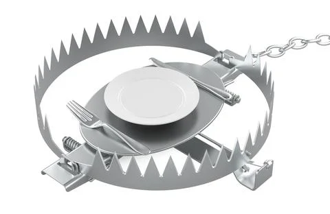 Bear trap with plate, knife and fork. Diet concept, 3D rendering Stock Illustration