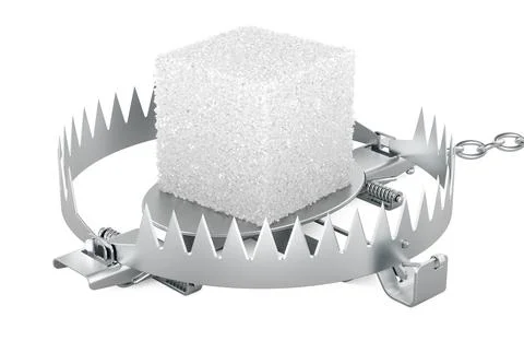Bear trap with sugar cube. Sugar Addiction, concept. 3D rendering Stock Illustration