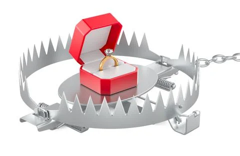 Bear trap with wedding diamond ring inside ring box, 3D rendering Stock Illustration