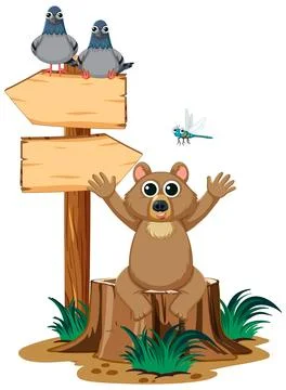 Bear on Tree Stump with Wooden Arrow Sign Stock Illustration