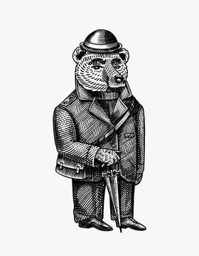 Bear with an umbrella in a jacket and hat. Fashion character. Victorian 스톡 일러스트
