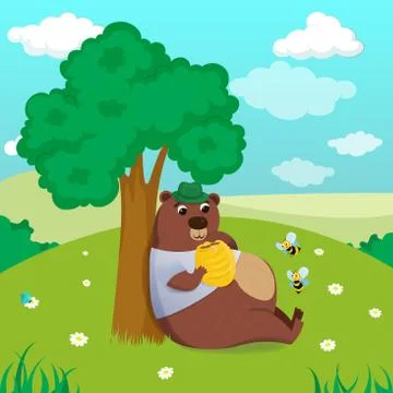Bear under the tree with bee hive and eats honey on nature background Stock Illustration