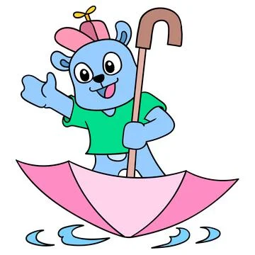 The bear is using the umbrella as a boat in the flood monsoons, doodle icon i Illustrazione stock