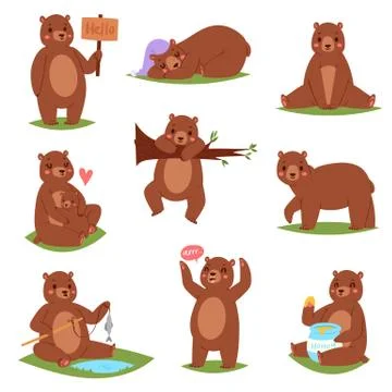 Bear vector set cartoon animal character and cute brown grizzly eating honey Stock Illustration