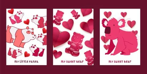 Bear vector set cartoon animal she-bear panda character illustration backdrop Stock Illustration