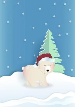 Bear wearing red hat with green pine tree on blue background while snow falli Stock Illustration