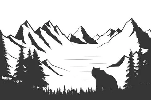 Bear in a wild breed against the backdrop of the forest and mountains. Travel Stock Illustration