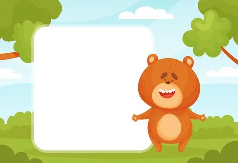 Bear Woodland Animal at Empty Rectangular Frame Vector Template Stock Illustration