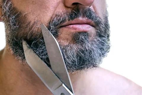 Beard cutting using big old scissors Foto stock