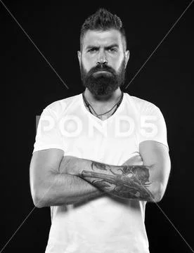 Beard fashion and barber concept. Man handsome hipster stylish beard and Stock Photos