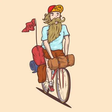 Beard hipster cyclist. bikepacker. vector illustration Stock Illustration