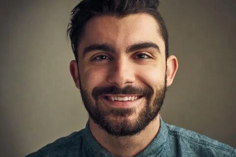 Beard, man and portrait in studio for hair care, date preparation and happiness Stock Photos