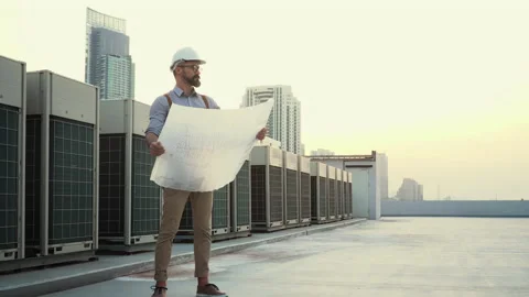 Beard man architect checking construction site with blueprint outdoors on bui Stock Footage 155216848