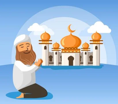 Beard Man Moslem Sit And Pray In Front Of Mosque Stock Illustration
