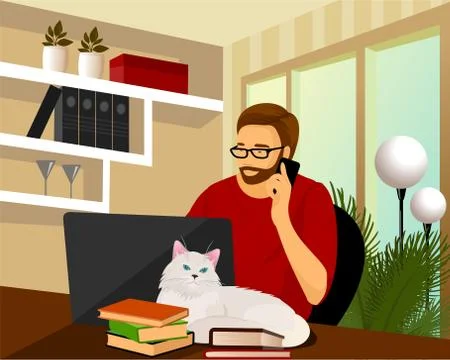 Beard man using laptop flat vector illustration. Working from home workplace Stock Illustration
