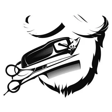 Beard with mustache silhouette, scissors comb and clipper Stock Illustration
