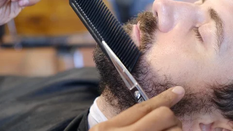 Beard styling. Barber shaping beard of handsome man using a scissors. Skilled 스톡 동영상 129730500