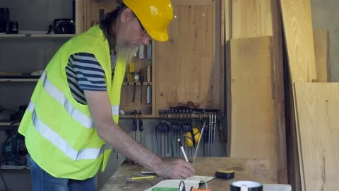 A bearded and gray-haired worker in a yellow helmet studies a project in a la Stock Footage 200962126
