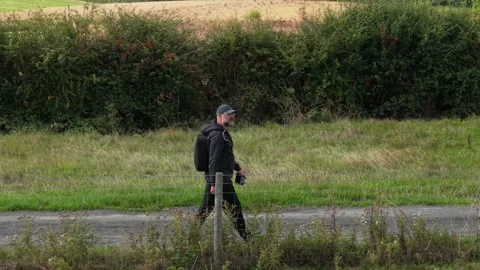 Bearded backpacker walking through farmland beside fence and dense green hedge Stock Footage 346605111