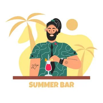 Bearded barmen, barkeeper, bartender preparing summer cocktail. Cute guy Stock Illustration
