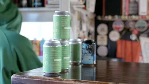 Bearded bartender arranges beer in the fridge in the bar Stock Footage 220652092