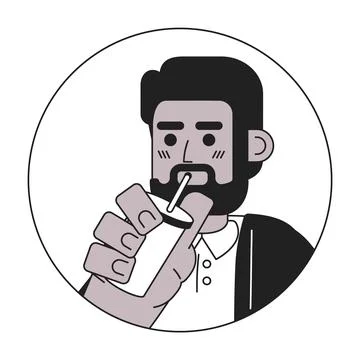 Bearded black guy drinking straw black and white 2D vector avatar illustration Stock Illustration