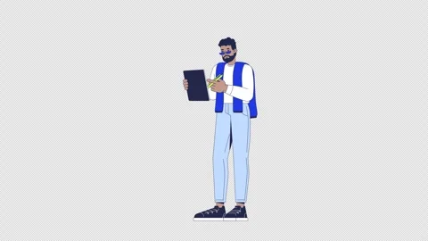 Bearded black man writing on digital tablet with stylus 2D character animation Stock Footage 312033339