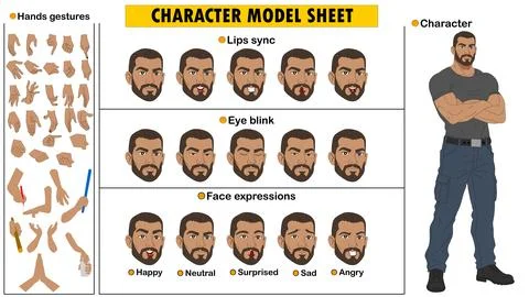 Bearded Body Builder Man Character Constructor Kit. Editable Male Model Sheet  Illustration