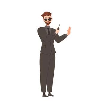 Bearded Brutal Man as Security Guard in Black Suit Standing at Nightclub Face Illustrazione stock