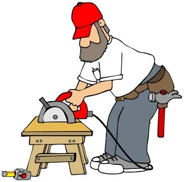 Bearded carpenter using a circular saw Stock Illustration