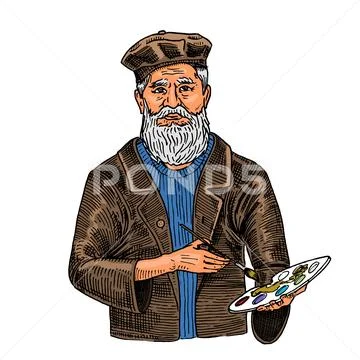Bearded creative man on a white background with paints. Artist in a hat for a Stock Illustration