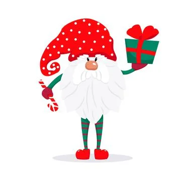 A bearded cute gnome in a red cap, a fairy-tale Christmas character. Vector Illustrazione stock