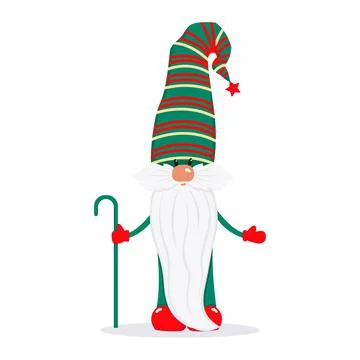 A bearded cute gnome in a red cap, a fairy-tale Christmas character. Vector Stock Illustration