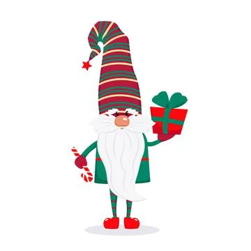 A bearded cute gnome in a red cap, a fairy-tale Christmas character. Vector Stock Illustration