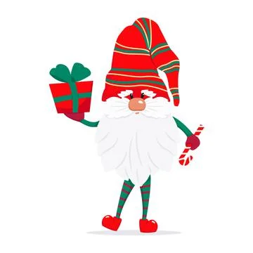 A bearded cute gnome in a red cap, a fairy-tale Christmas character. Vector Stock Illustration