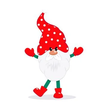 A bearded cute gnome in a red cap, a fairy-tale Christmas character. Vector Stock Illustration