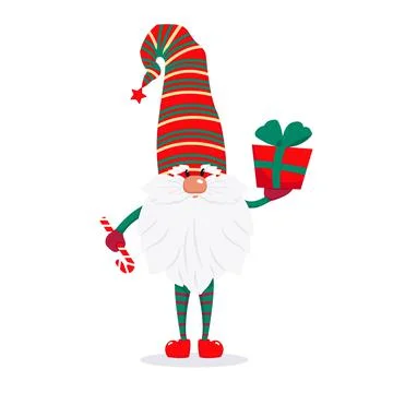 A bearded cute gnome in a red cap, a fairy-tale Christmas character. Vector Stock Illustration